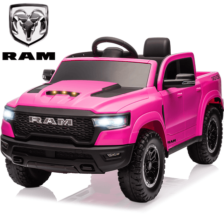 Dodge RAM Ride on Car, 12V Powered Ride on Toy with Remote Control, Rear Wheel Suspension, 5 Point Safety Belt, MP3 Player, Bluetooth, LED Lights, Electric Vehicles for 3-8 Years Boys Girls, Pink