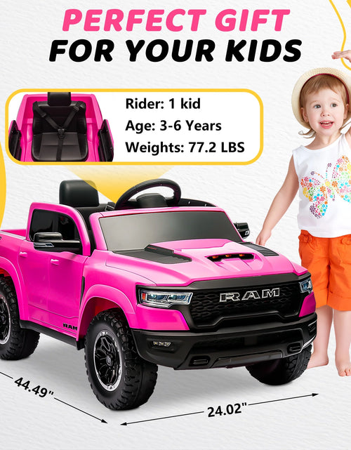 Load image into Gallery viewer, Dodge RAM Ride on Car, 12V Powered Ride on Toy with Remote Control, Rear Wheel Suspension, 5 Point Safety Belt, MP3 Player, Bluetooth, LED Lights, Electric Vehicles for 3-8 Years Boys Girls, Pink
