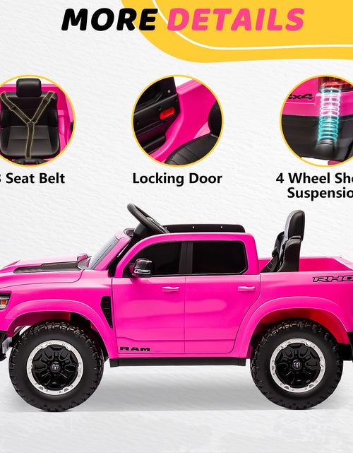 Load image into Gallery viewer, Dodge RAM Ride on Car, 12V Powered Ride on Toy with Remote Control, Rear Wheel Suspension, 5 Point Safety Belt, MP3 Player, Bluetooth, LED Lights, Electric Vehicles for 3-8 Years Boys Girls, Pink
