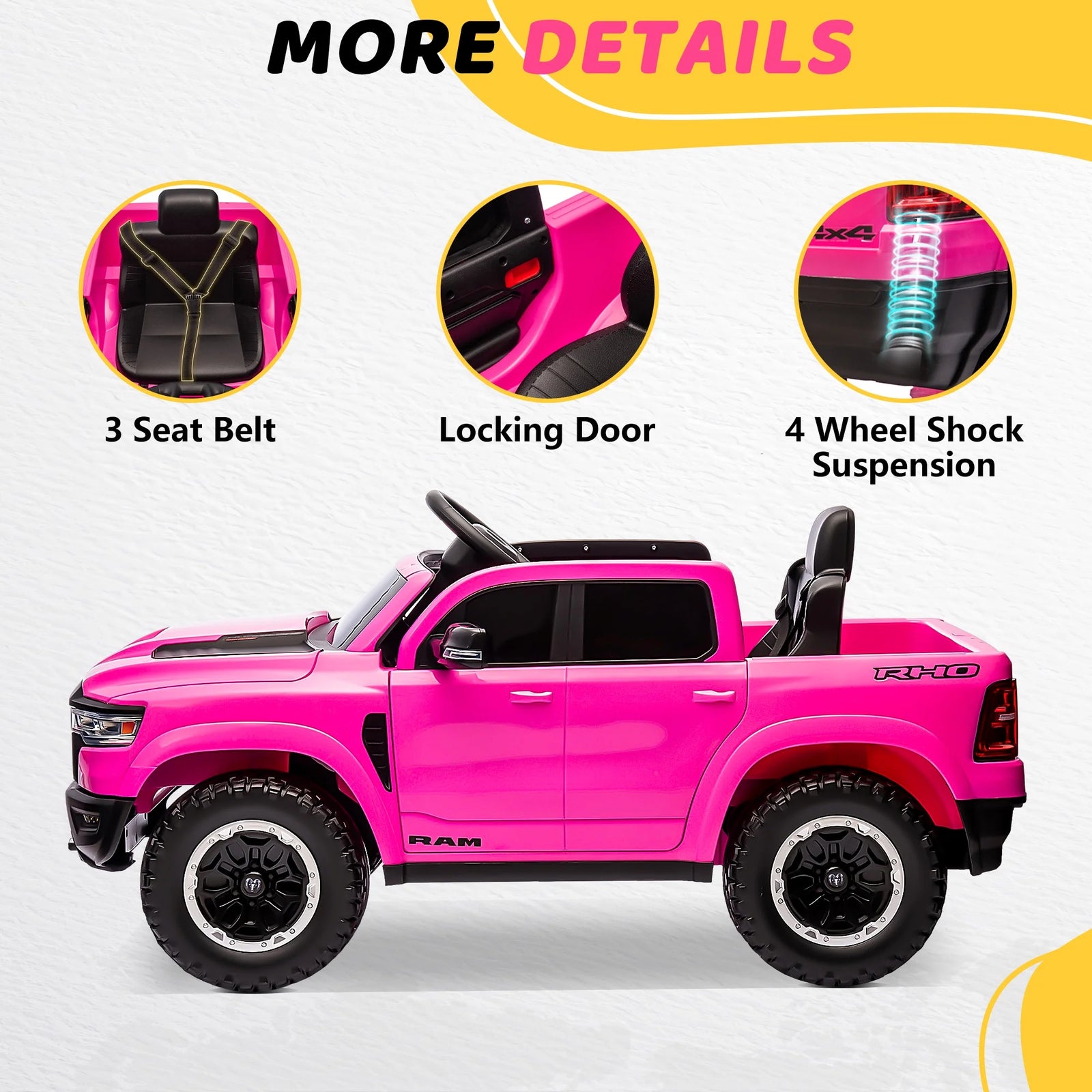 Dodge RAM Ride on Car, 12V Powered Ride on Toy with Remote Control, Rear Wheel Suspension, 5 Point Safety Belt, MP3 Player, Bluetooth, LED Lights, Electric Vehicles for 3-8 Years Boys Girls, Pink