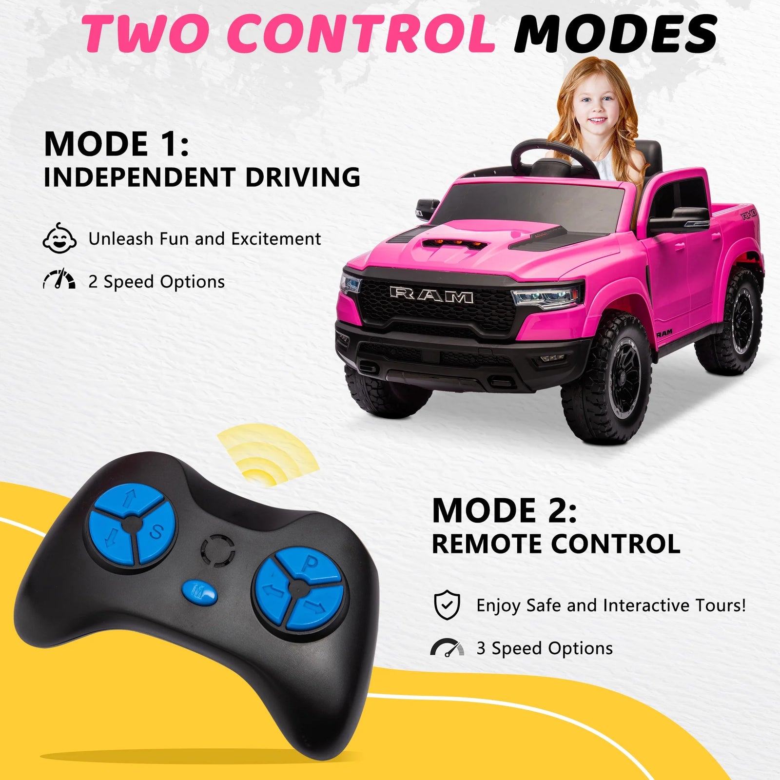 Dodge RAM Ride on Car, 12V Powered Ride on Toy with Remote Control, Rear Wheel Suspension, 5 Point Safety Belt, MP3 Player, Bluetooth, LED Lights, Electric Vehicles for 3-8 Years Boys Girls, Pink