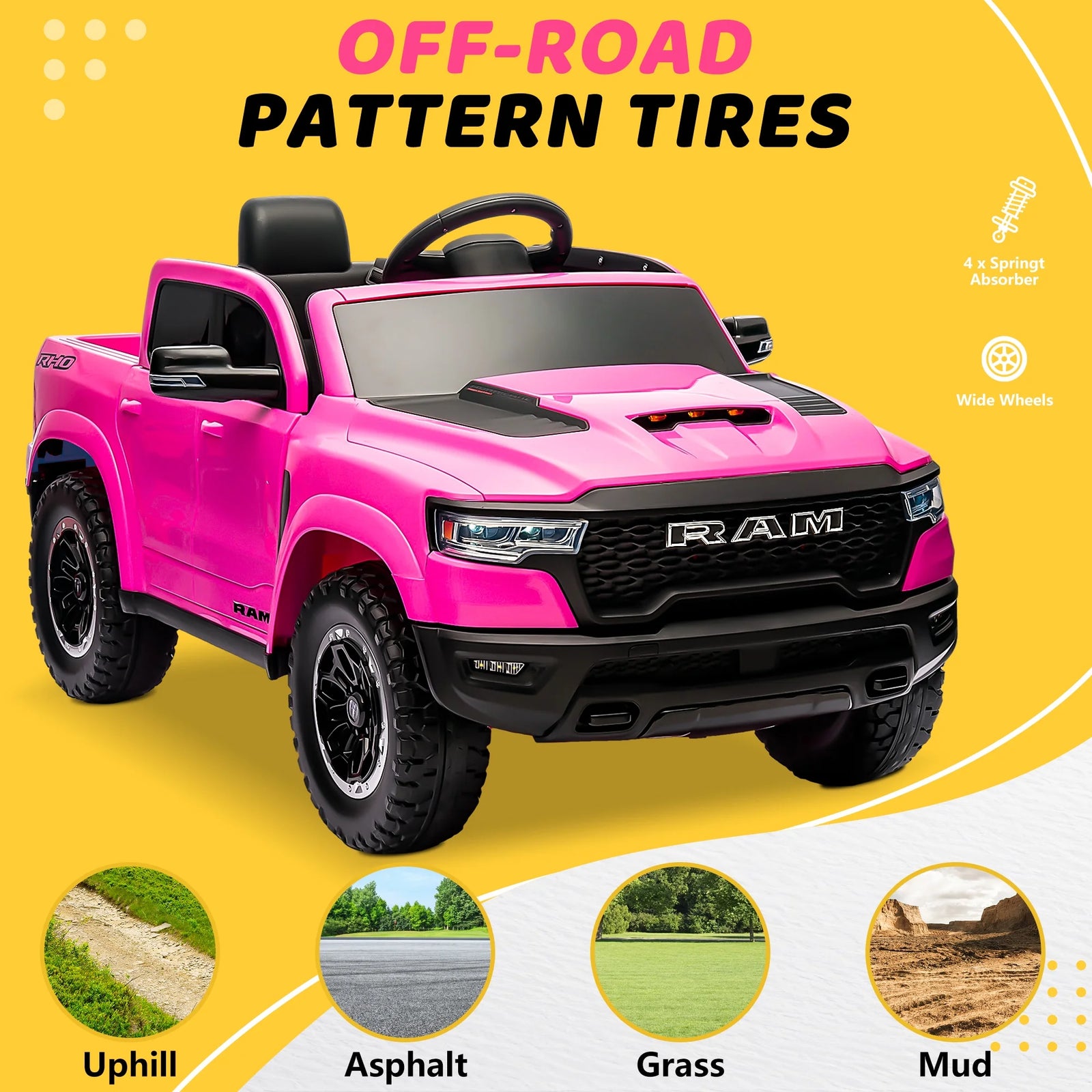 Dodge RAM Ride on Car, 12V Powered Ride on Toy with Remote Control, Rear Wheel Suspension, 5 Point Safety Belt, MP3 Player, Bluetooth, LED Lights, Electric Vehicles for 3-8 Years Boys Girls, Pink