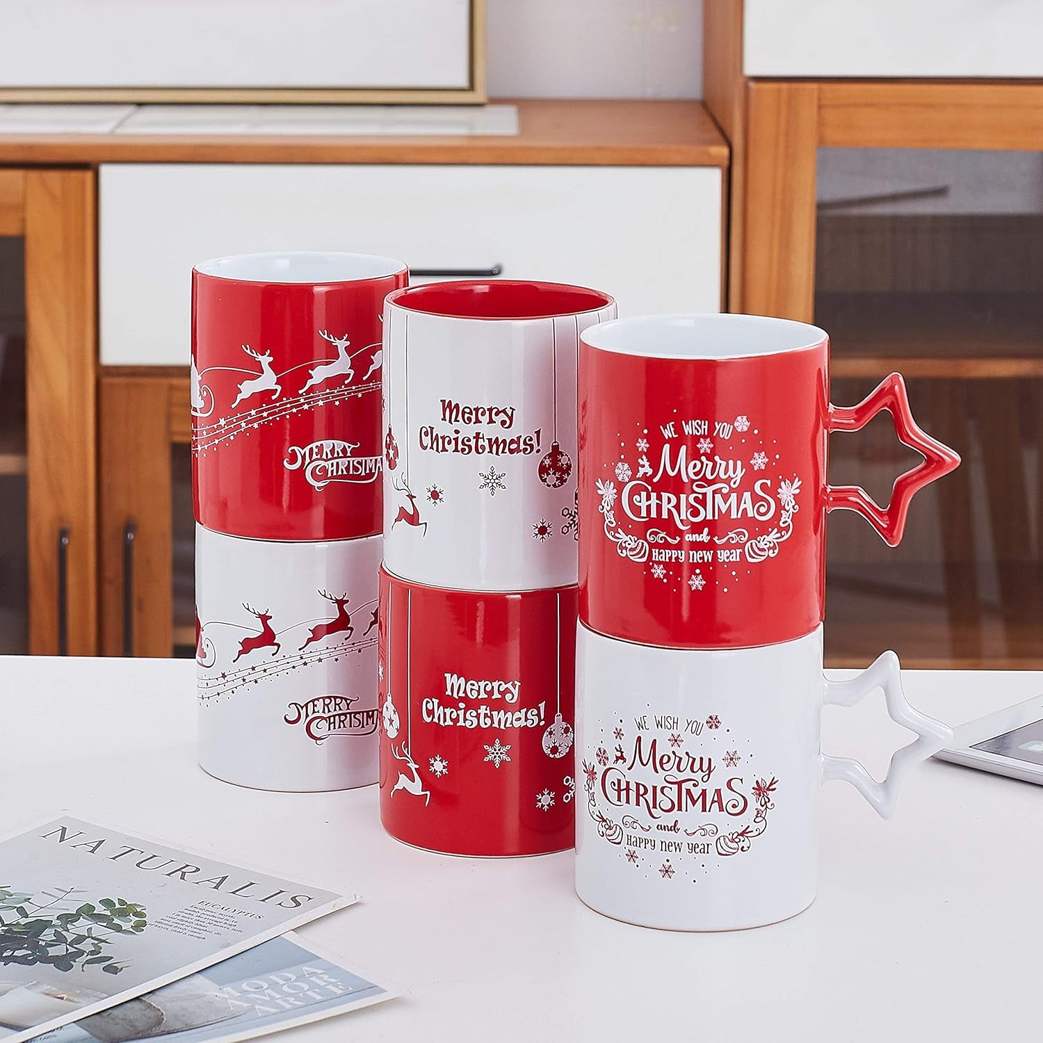 Red & White Christmas Coffee Mugs with Star Handle Set of 6 | Large-Sized Christmas Mugs 14 Ounce New Year Holidays Novelty Christmas Cups - Decorative DIY Christmas Cute Mugs for Hot or Cold